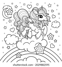 Cute little unicorn walking on a rainbow. Black and white linear image. Doodle art. For the design of prints, posters, coloring books, stickers, badges, etc. Vector