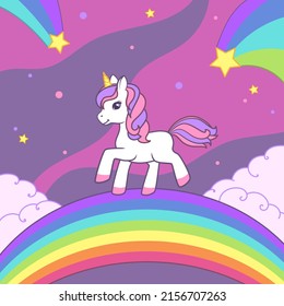 Cute little unicorn walking on the rainbow with the starry sky background. Vector illustration