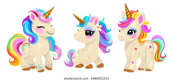 Cute little unicorns with bright hair and tail. Vector isolated illustration.