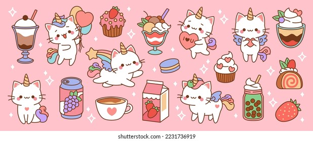 Cute little unicorns cats sweets  Sugar desserts   drinks  fruit milk   fairy animals  kawaii rainbow pets and cupcakes  cartoon stickers  adorable fantasy kittens tidy vector isolated set