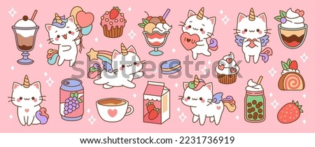 Cute little unicorns cats sweets. Sugar desserts and drinks, fruit milk and fairy animals, kawaii rainbow pets with cupcakes, cartoon stickers, adorable fantasy kittens tidy vector isolated set