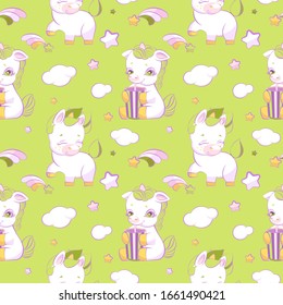 Cute little unicorns light green seamless pattern