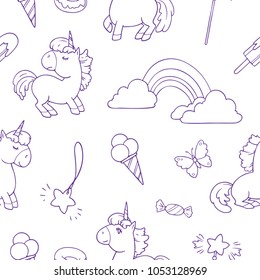 Cute little unicorns linear drawings, seamless vector pattern.