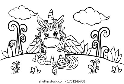 cute little unicorns, relaxing in the fields, coloring books for kids