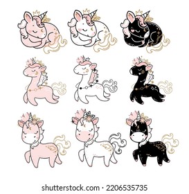 Cute little unicorns set in boho style. Three different colour. Baby shower, Greeting card or poster for nursery or kids room, T-shirt design. Vector cartoon illustration