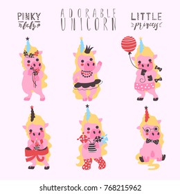 Cute little unicorns set, collection. Pinky, girly unicorn baby with flowers, ballerina, with balloon, cake in boots and hipster unicorn. Pinky baby, little princess lettering (typography)