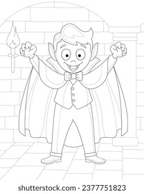 Pequeño vampiro. Libro de Colores para niños y adultos. Imagen vectorial en blanco y negro.