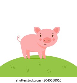 Geringe, kleine Vektorpigette, die auf einer grünen Wiese steht. Funny Kids Illustration von Bauerntieren im Cartoon-Stil