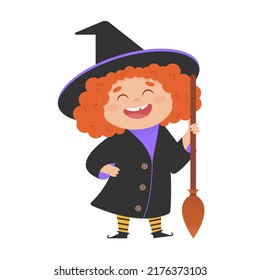 Cute little vector smiling helloween witch with broom isolated on white background