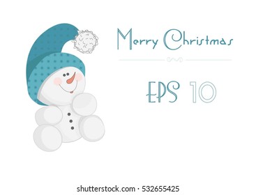 Cute little vector snowman in blue hat sitting and smile