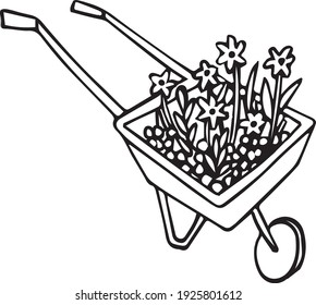 Cute little vector of wheelbarrow with flowers. Hand drawn isolated illustration.