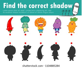 Cute little Vegetable,Find the correct shadow. Educational game for children, Shadow Matching Game for kids, Visual game for kid. Connect the dots picture,Education Vector Illustration.
