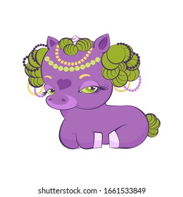 Cute little very beautiful violet princess unicorn with golden hair