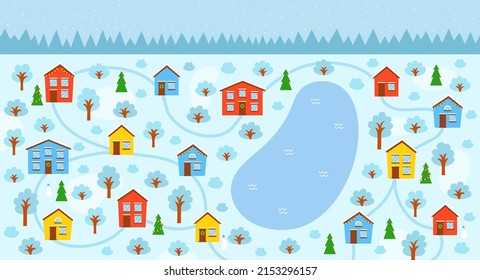 Cute little village near the lake. Doodle flat houses and trees covered with snow, winter landscape.