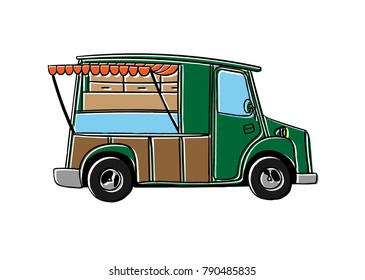 Cute little vintage fast street food truck. Han drawn line art vector illustration