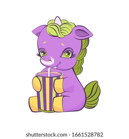 Cute little violet unicorn drinks a striped glass milkshake.