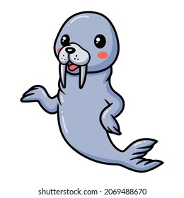Cute little walrus cartoon waving hand