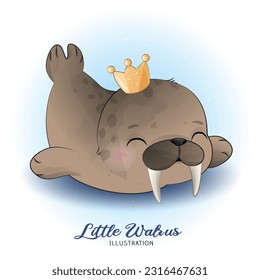 Cute little walrus with watercolor illustration