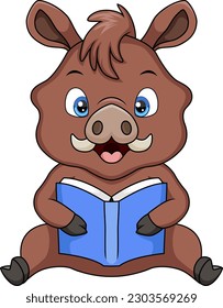 Cute little warthog cartoon reading a book