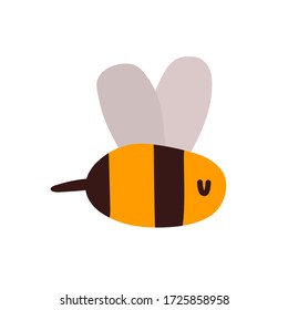 Pequeña avispa, abeja, abejorro, insecto amarillo con rayas negras con unas bonitas alas y un aguijón. Ver imágenes prediseñadas para la impresión y el diseño de productos infantiles, colmenares, apicultura. Un insecto lindo vuela sobre