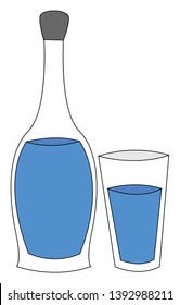 A cute little water bottle and a glass half filled with water vector color drawing or illustration