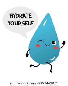 Cute little water drop character, with winking eye, reminder to hydrate and drink water, isolated vector illustration in flat design