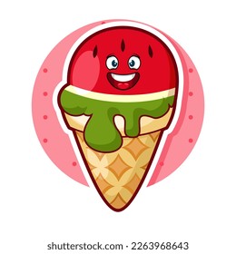 cute and little watermelon ice cream character with happy face