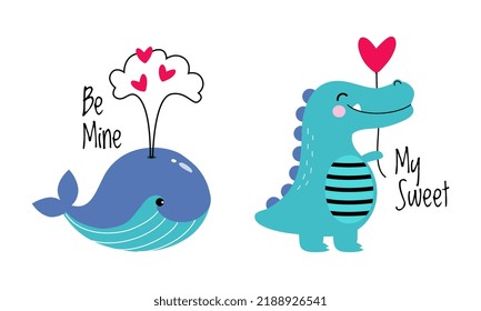 Cute Little Whale and Crocodile with Heart as Valentine Day Celebration Vector Set