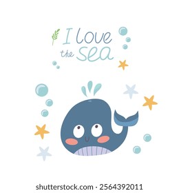 Cute little whale in hand drawn style, sea life elements. Sea animals. Vector character in flat style for prints and children's illustration