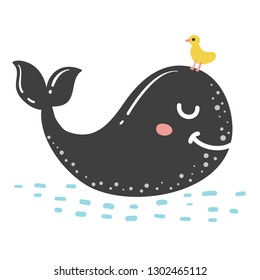 Cute little whale isolated on white background. Doodle ocean mammal in doodle style. Happy sea character vector illustration. 