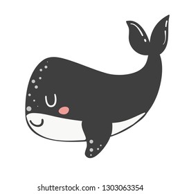 Cute little whale isolated on white background. Doodle ocean mammal in doodle style. Happy sea character vector illustration. 