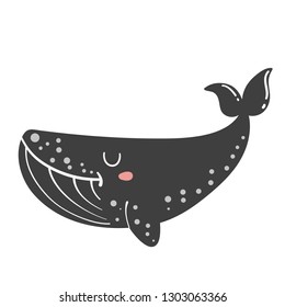 Cute little whale isolated on white background. Doodle ocean mammal in doodle style. Happy sea character vector illustration. 