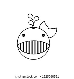 Cute little whale on a white background. Vector illustration for children. Black and white