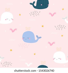 Cute little whale seamless pattern. Vector hand drawn illustration.