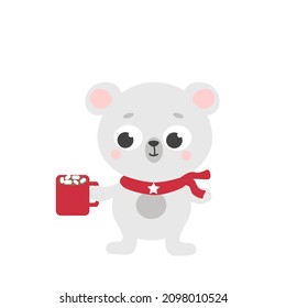A cute little white bear cub in a red scarf holds a big red mug with cocoa and marshmallows. Christmas cute character. Merry Christmas. Vector illustration. Greeting card, sticker or banner.