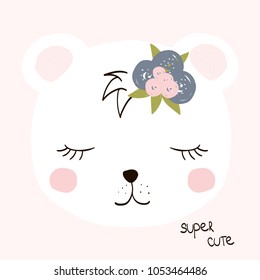 Cute little white bear with lettering. Vector hand drawn illustration.