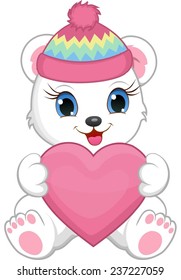 Cute little white bear wearing a winter hat, holding a heart.