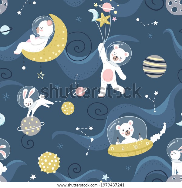 Cute little white bears\
and bunnies on a space adventure among gray and gold planets, moons\
and stars on a dark blue background. Seamless repeated surface\
vector pattern.