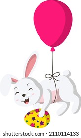 Cute little white bunny with egg floating on air balloon