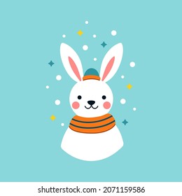 Cute little white bunny in warm scarf on blue background. Funny vector illustration hand drawn in cartoon style