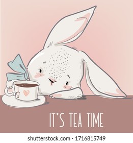 cute little white cartoon hare with tea