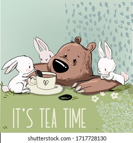 cute little white cartoon hares with bear drink tea
