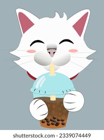 cute little white cat drinking boba with smiling happy face