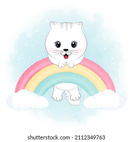 Cute little white Cat hanging on the Rainbow cartoon illustration