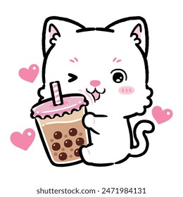 Cute Little White Cat Hugging Bubble Milk Tea. Kawaii Style Cartoon