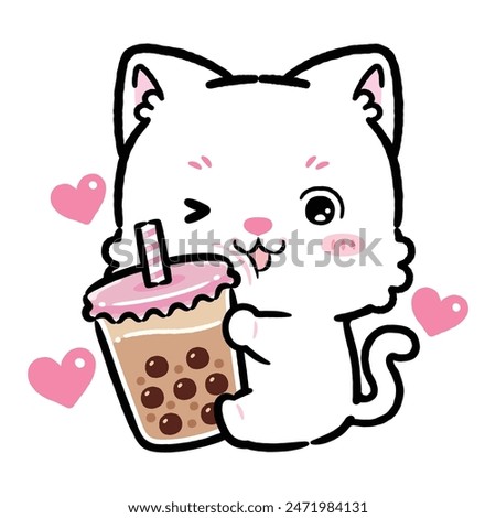 Cute Little White Cat Hugging Bubble Milk Tea. Kawaii Style Cartoon