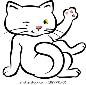 Cute Little White Cat Sitting, Winking And Waving Paw Saying Hello