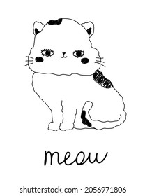 Pequeño gato blanco lindo con maullido de texto. Caricatura infantil de fondo aislado. Imprimir, banner, folleto.