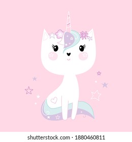 Cute little white cat unicorn or caticorn. Pastel soft colors. Vector illustration on pink background.