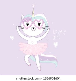 Cute little white cat unicorn or caticorn. Pastel soft colors. Vector illustration on pink background.
